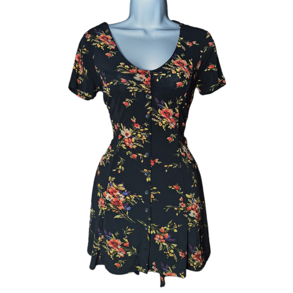 Forever 21 Black Floral Button Front Tie Back Short Sleeve Skater Mini Dress S